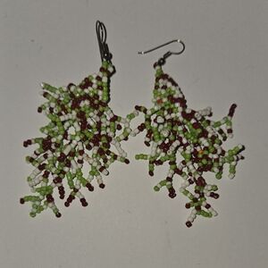 Beaded Fuzzy Fringe Drop Earrings - White, Green & Burgundy